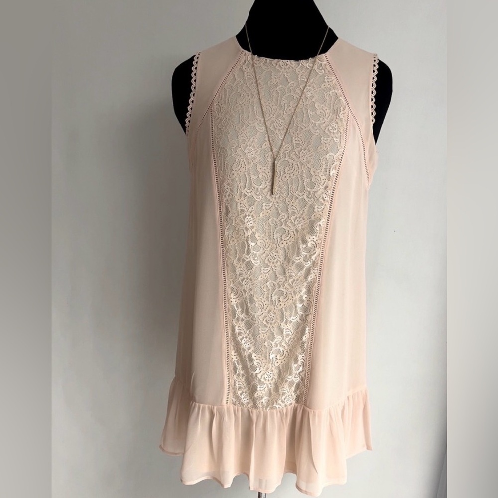 AUW Cream & Soft Pink Lace Accent Mini Dress